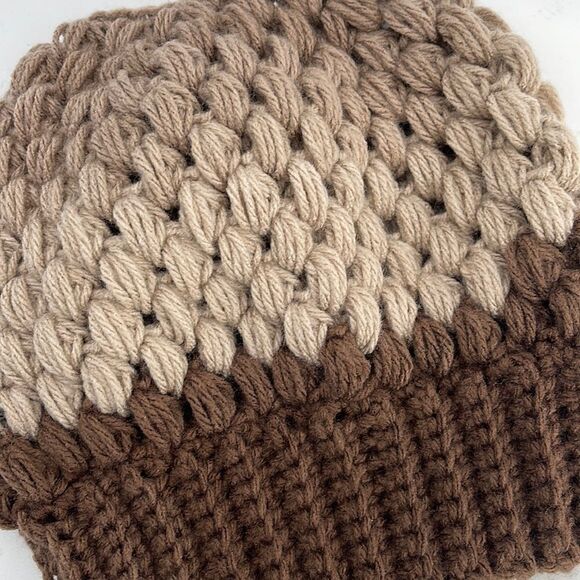 Handmade Napper bun beanie ponytail stocking cap one size NEW brown tan cream - Picture 2 of 8